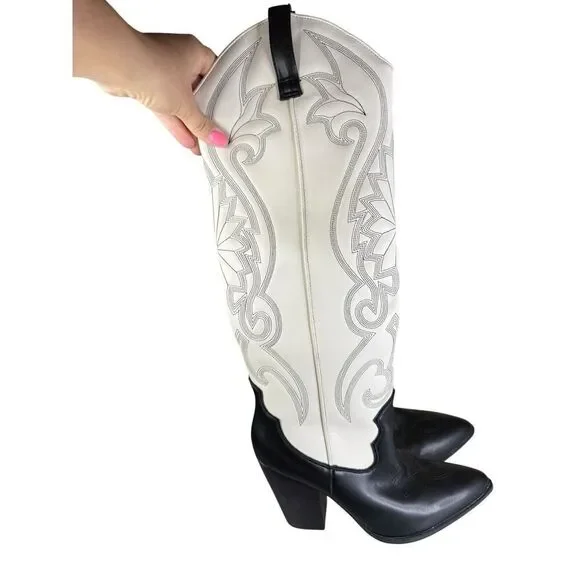 Steve Madden Lasso White Black Leather Western Tall Boots Size 8 Cowboy Style - Picture 4 of 6